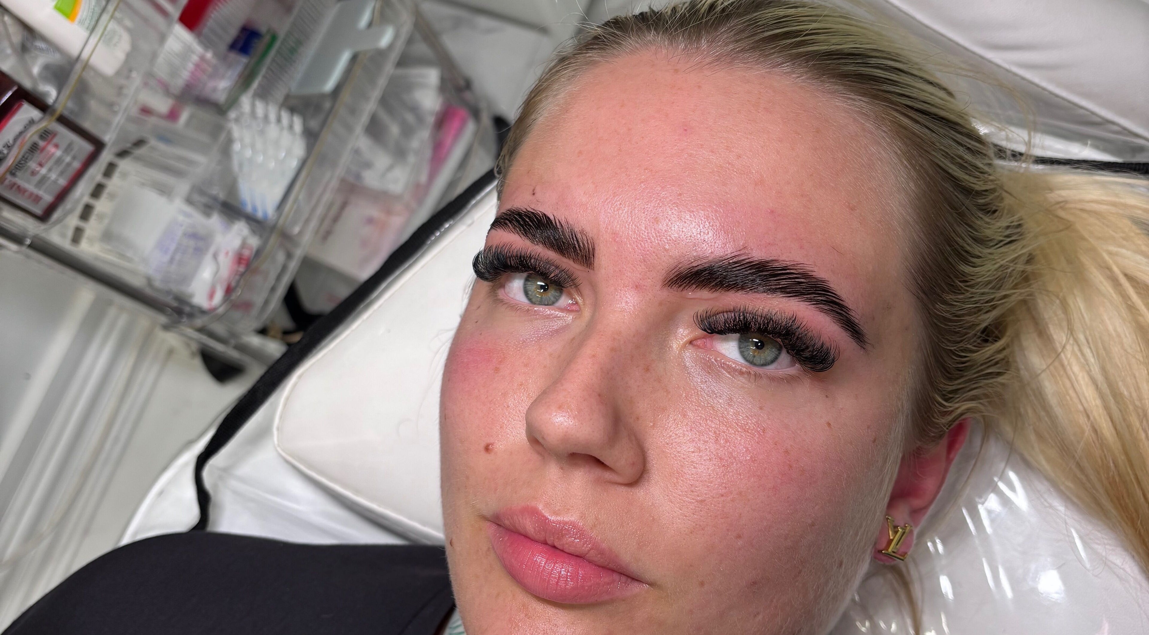 Close-up of lash and brow treatment at dolledbeautymcr, Manchester, England, GB, showcasing expert artistry.
