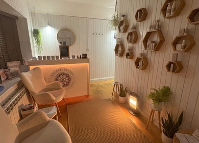 Relaxing reception at Sacred Roots Limited, Guernsey, Vale, GG featuring cozy chairs and stylish decor.