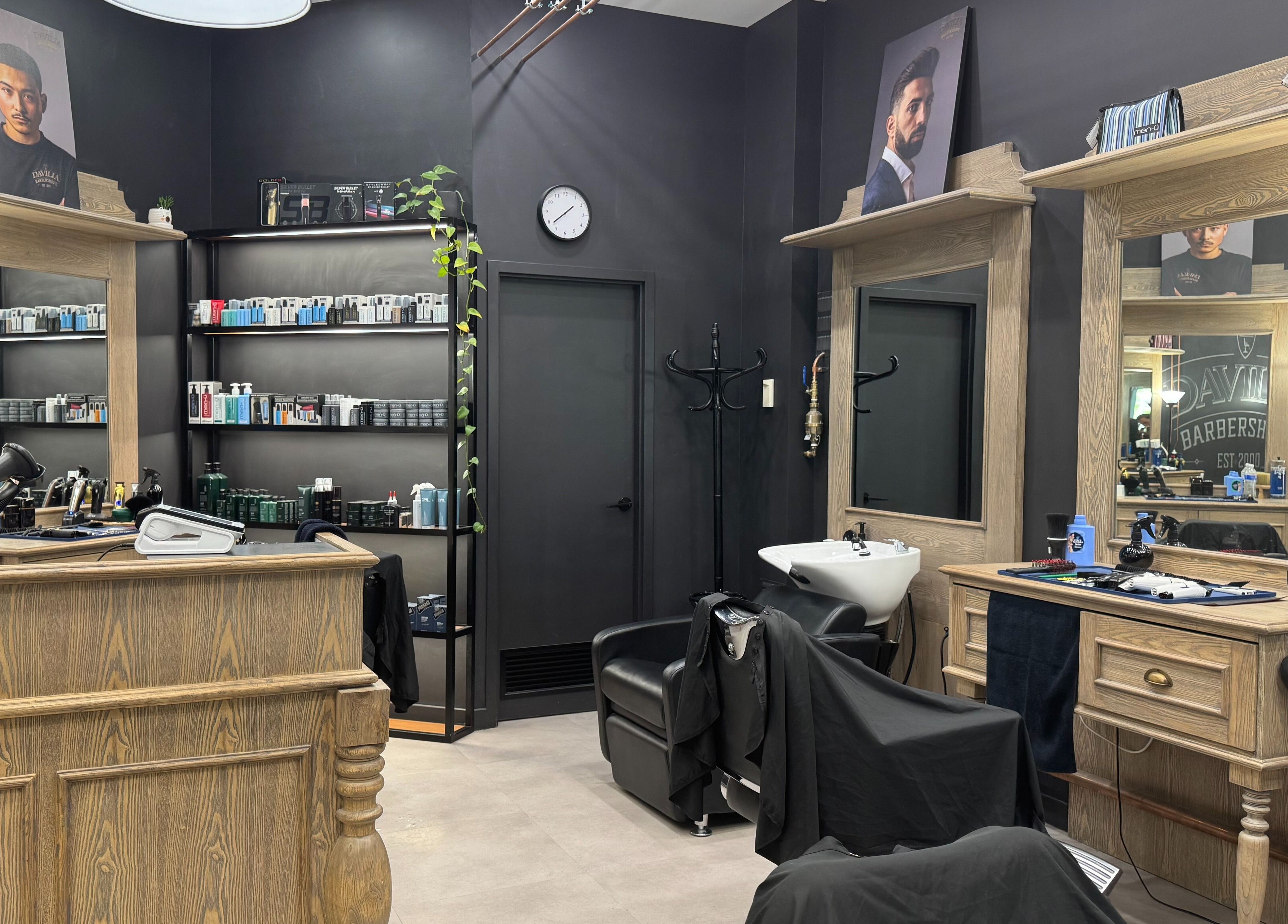 Stylish interior of Davilia Barbershop Karrinyup in Karrinyup, Western Australia, AU, showcasing grooming products.