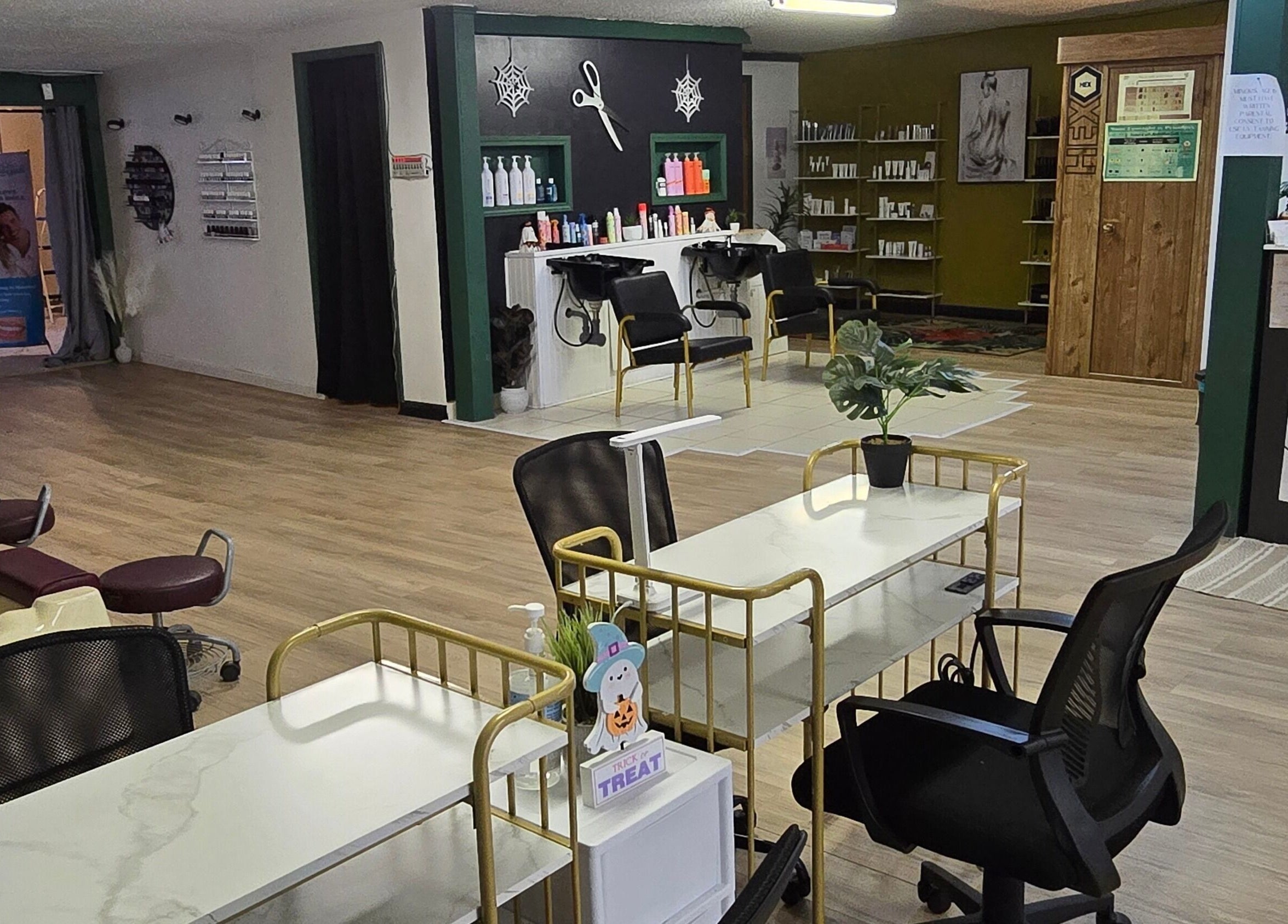Interior of Skin Deep Studio in Remus, Michigan, US featuring salon stations and product displays.