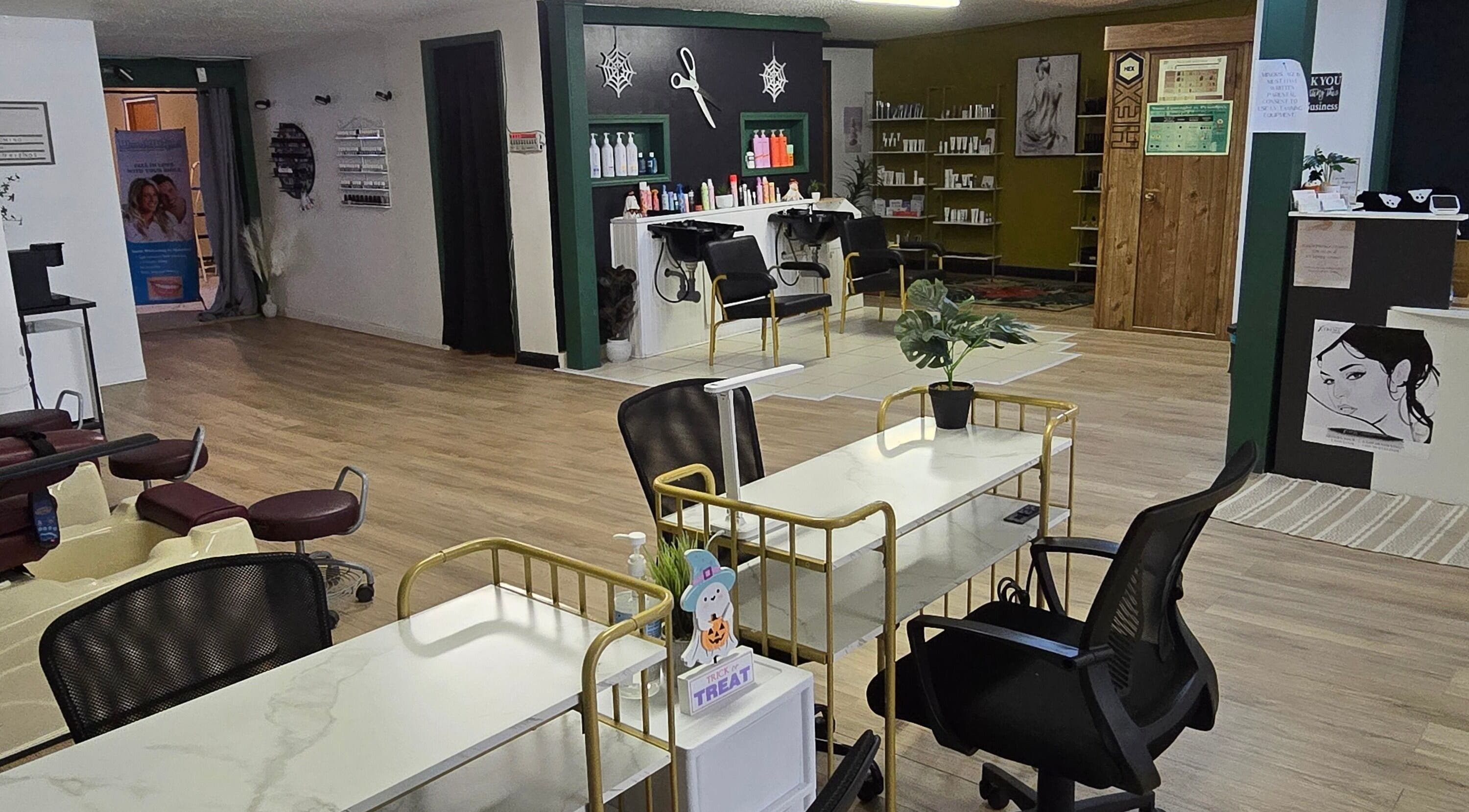 Interior of Skin Deep Studio in Remus, Michigan, US featuring salon stations and product displays.