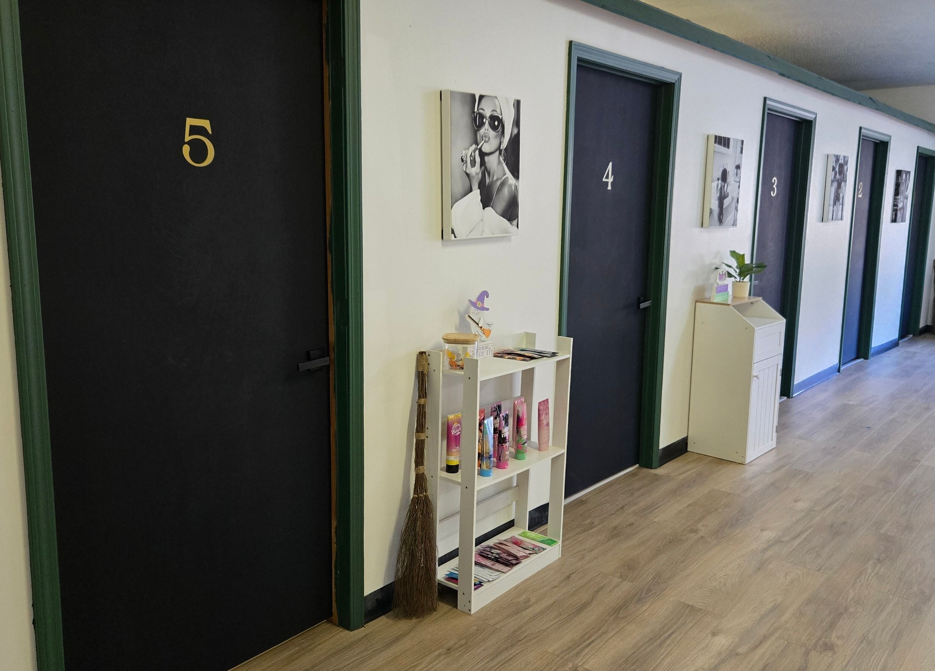 Elegant hallway at Skin Deep Studio in Remus, Michigan, US, featuring numbered rooms and modern decor.