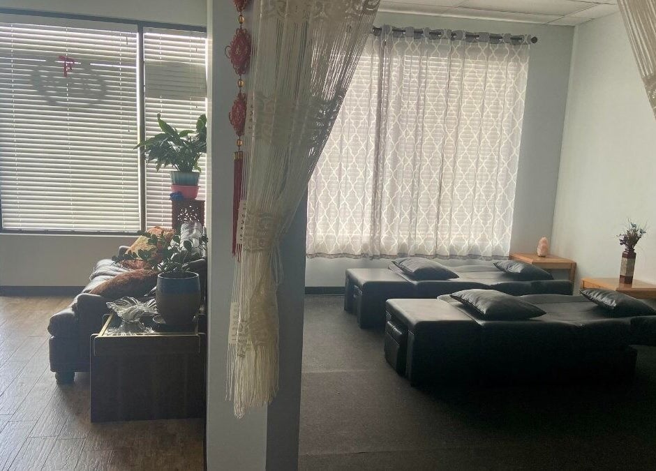 Revive Asian Massage lobby with serene seating in Overland Park, Kansas, US.