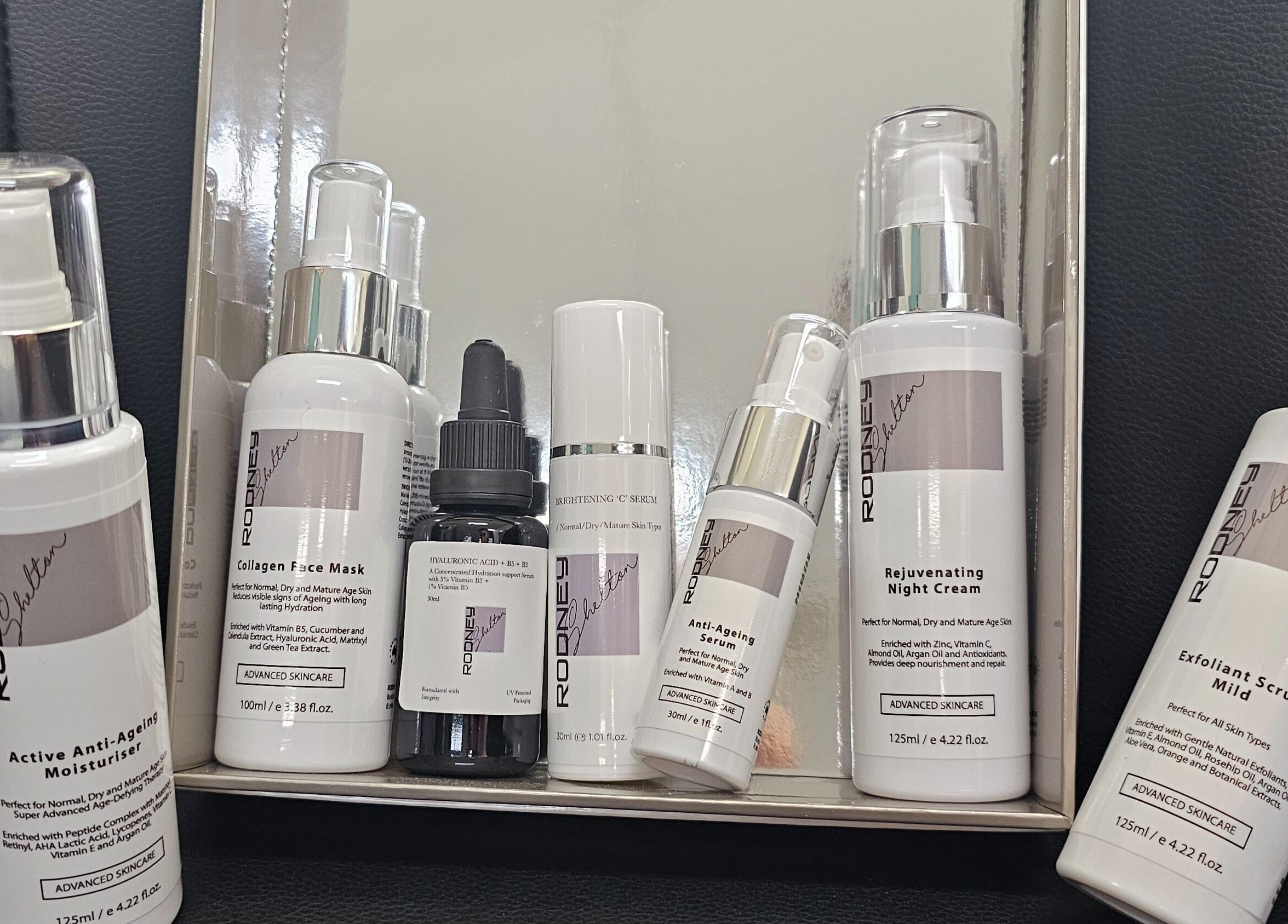 Assorted skincare products displayed at Queens on Queen Hair and Queens Hair Spa, Bundaberg, Queensland, AU.