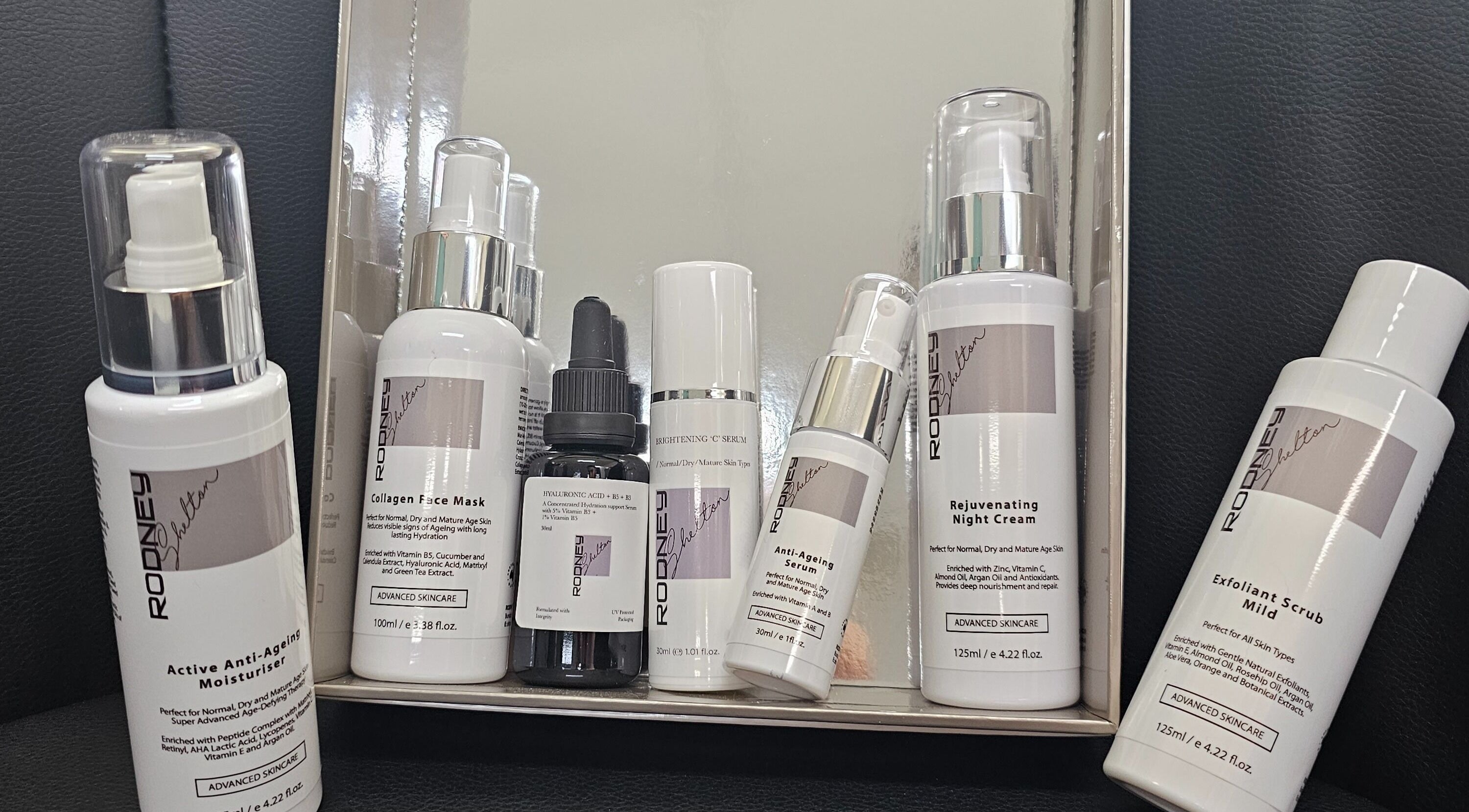 Assorted skincare products displayed at Queens on Queen Hair and Queens Hair Spa, Bundaberg, Queensland, AU.