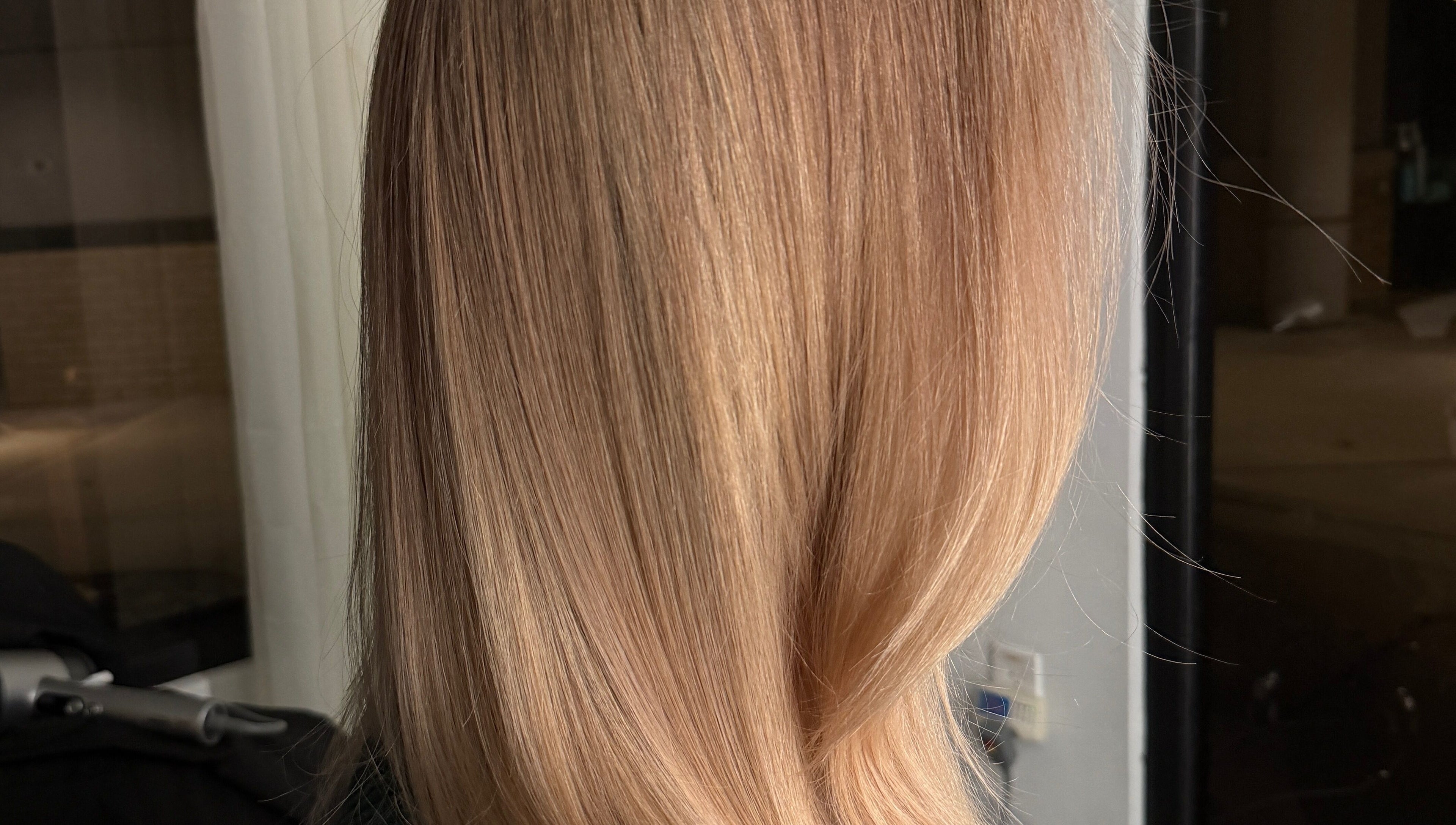 Blondie showcases sleek golden hair in Durham, North Carolina, US, highlighting luminous texture and shine.