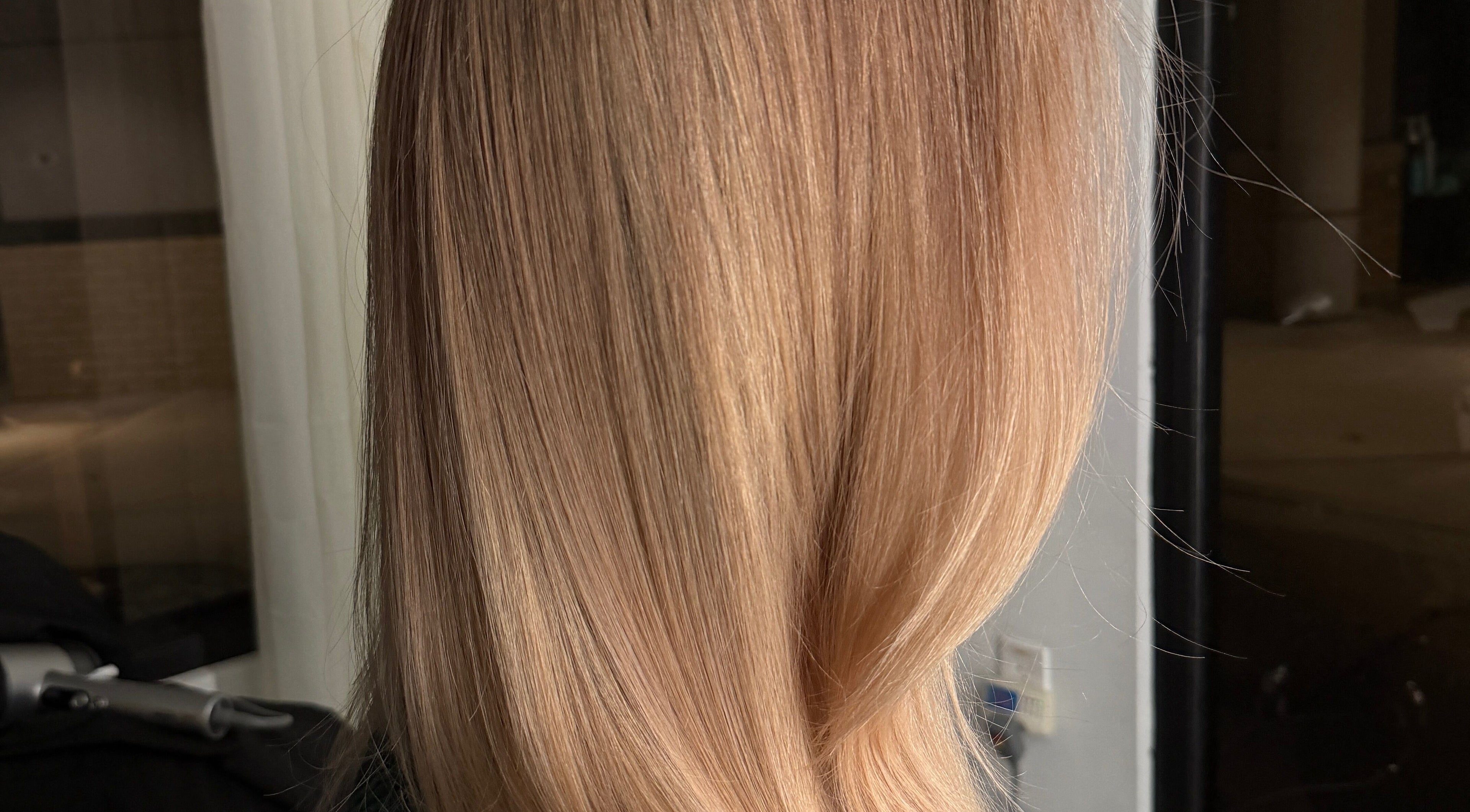 Blondie showcases sleek golden hair in Durham, North Carolina, US, highlighting luminous texture and shine.