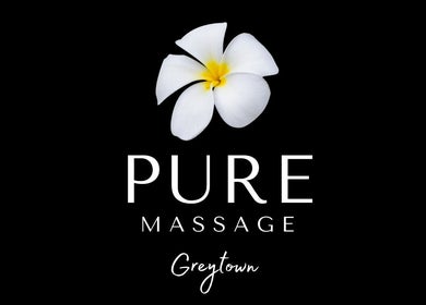 Pure Massage- Greytown logo featuring a white flower, located in Greytown, Wellington Region, NZ.