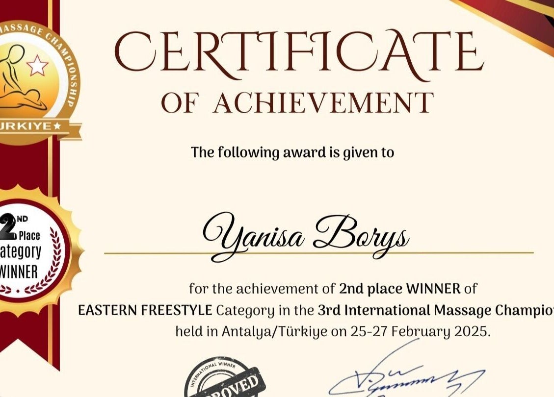 Zertifikat für Yanisa Borys bei Yanisa Massage, Basel, Basel-stadt, CH. Erfolg im internationalen Massagewettbewerb.