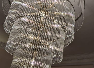Luxurious chandelier at FiftyEight Hair Design, Gillingham, England, GB enhances the salon's ambiance.