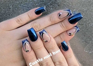 Elegant blue and black nail art at Castle Nail Bar, Edwardstown, South Australia, AU.