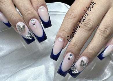 Stylish blue and silver nail art at Castle Nail Bar, Edwardstown, South Australia, AU.