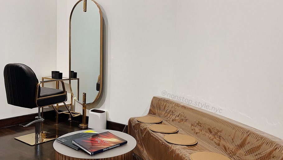Elegant salon chair and mirror setup at Nonstop Style 11, New York, New York, US.