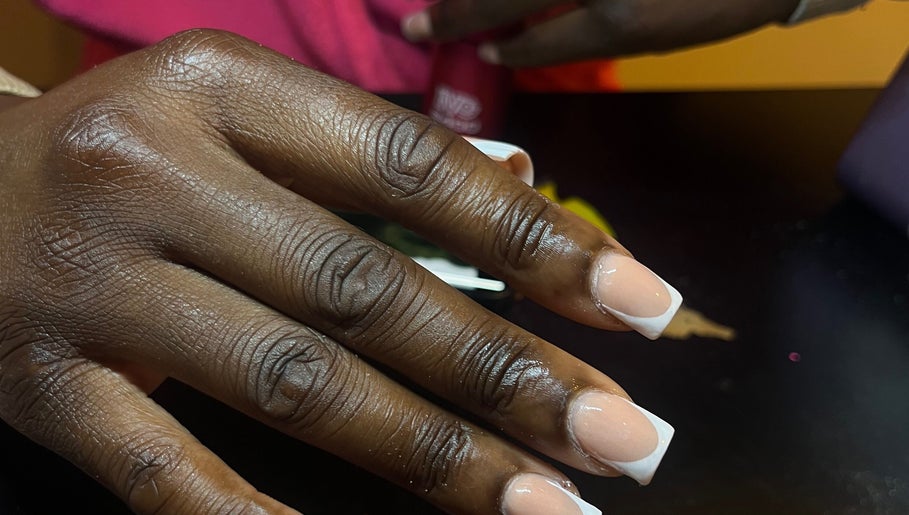 Close-up of French tip manicure at Nailed by Jadexx, Dublin, County Dublin, IE.