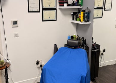 Barber chair and tools at José J&DBarbers Studio, Manchester, England, GB.