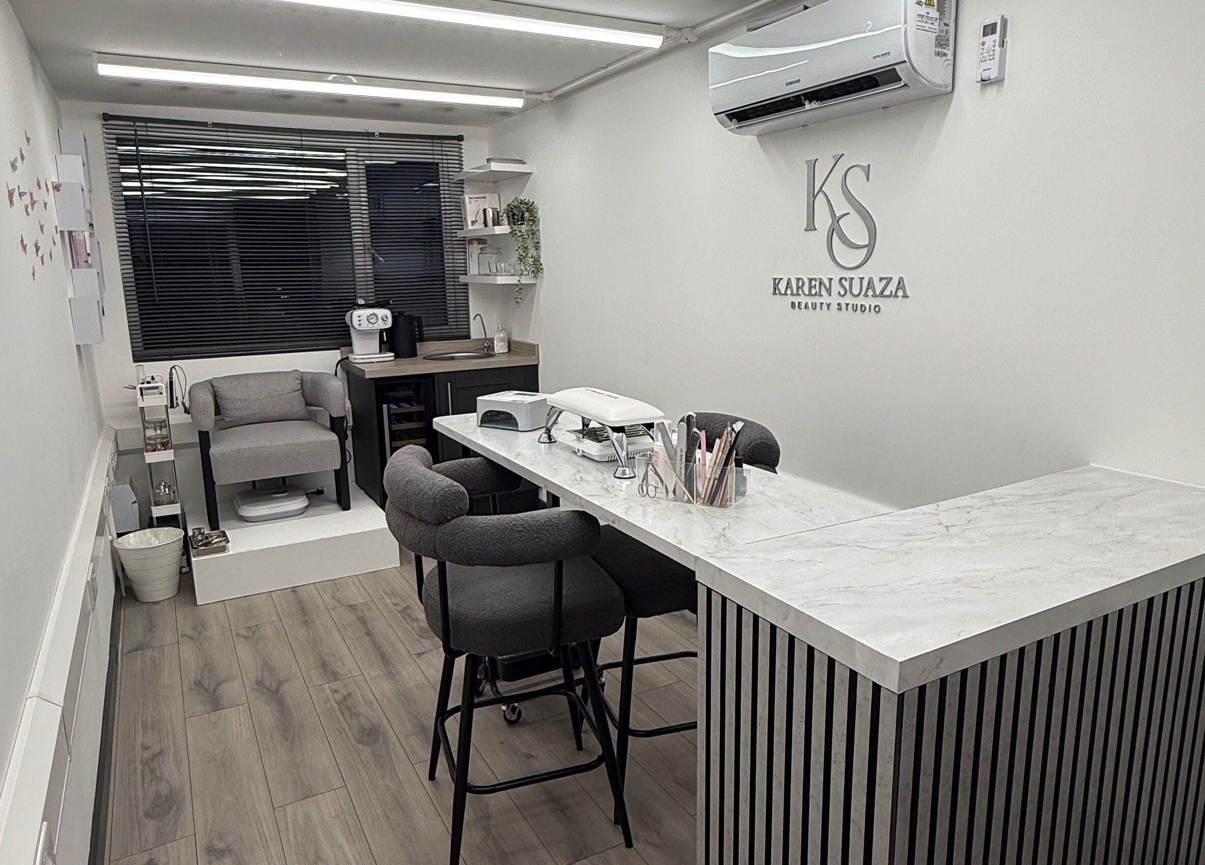 Modern interior of KS Karen Suaza Beauty Studio in Brookwood, England, GB showcasing sleek furniture and decor.
