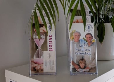 Brochures for men's health and reflexology at Serenity Therapies, Killyhevlin, Northern Ireland, GB.