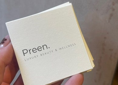 Close-up of a Preen. luxury card in Edinburgh, Scotland, GB, showcasing beauty and wellness branding.