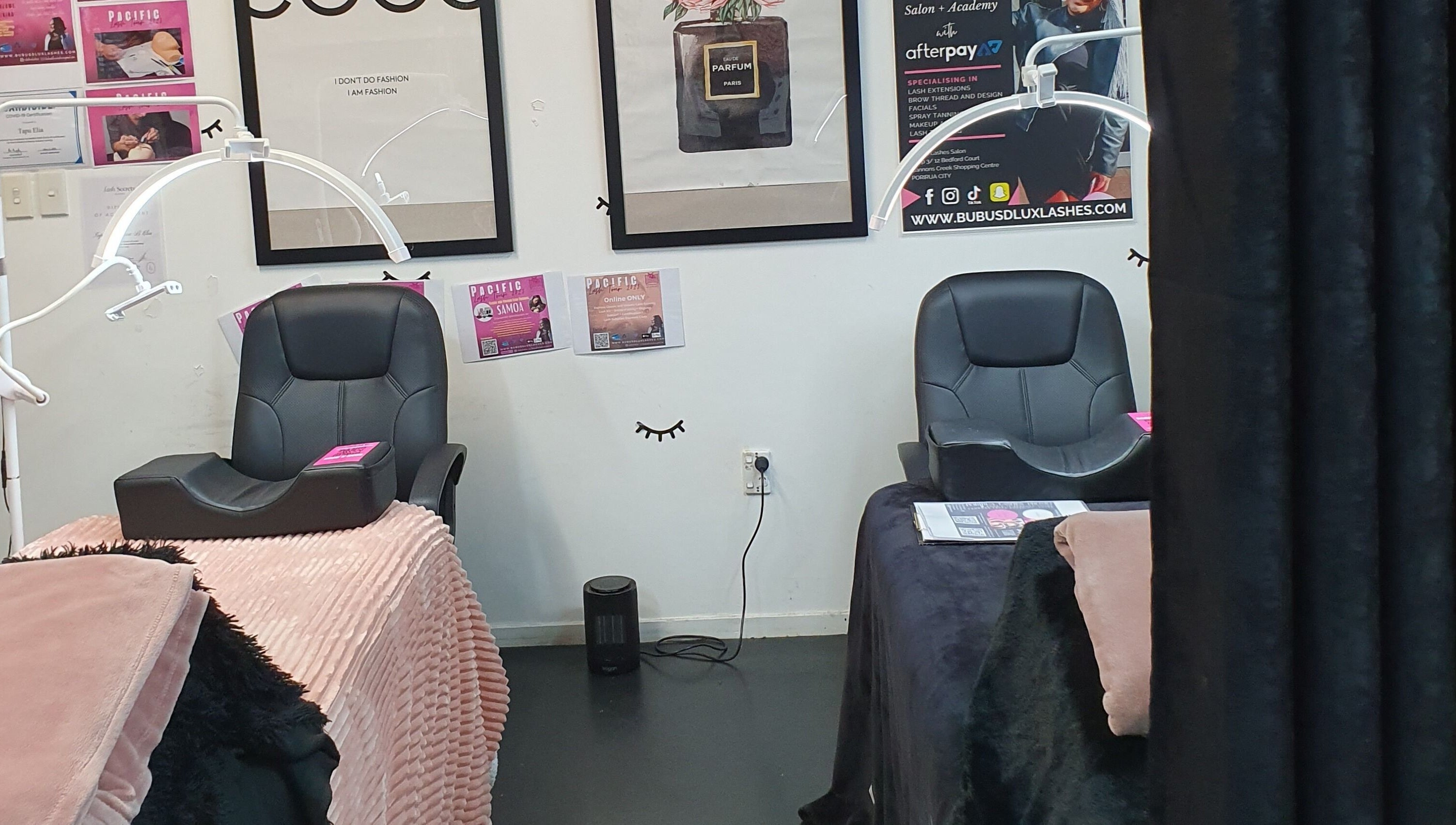 Elegant lash service chairs at Bubu's Lashes in Porirua, Wellington, NZ.