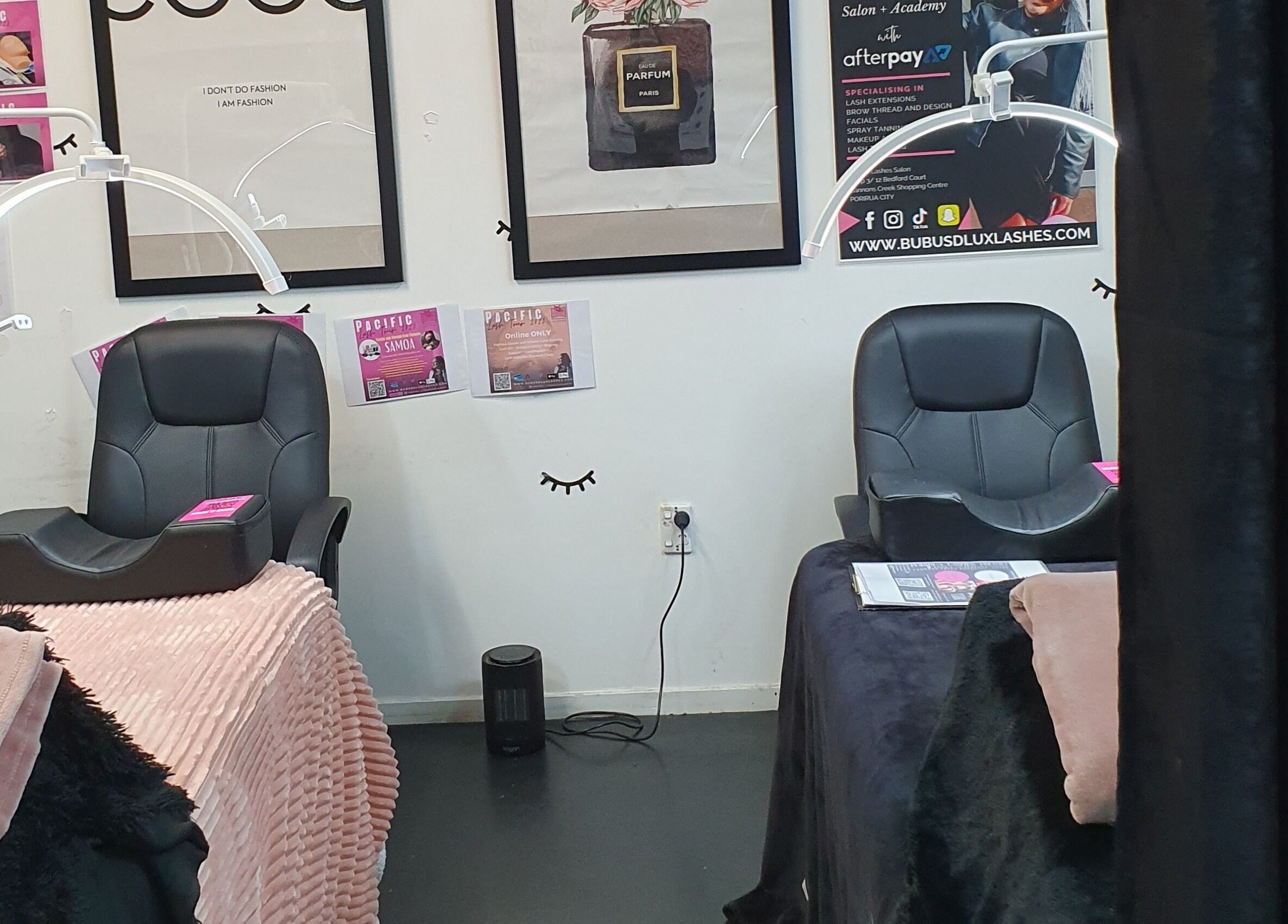 Elegant lash service chairs at Bubu's Lashes in Porirua, Wellington, NZ.