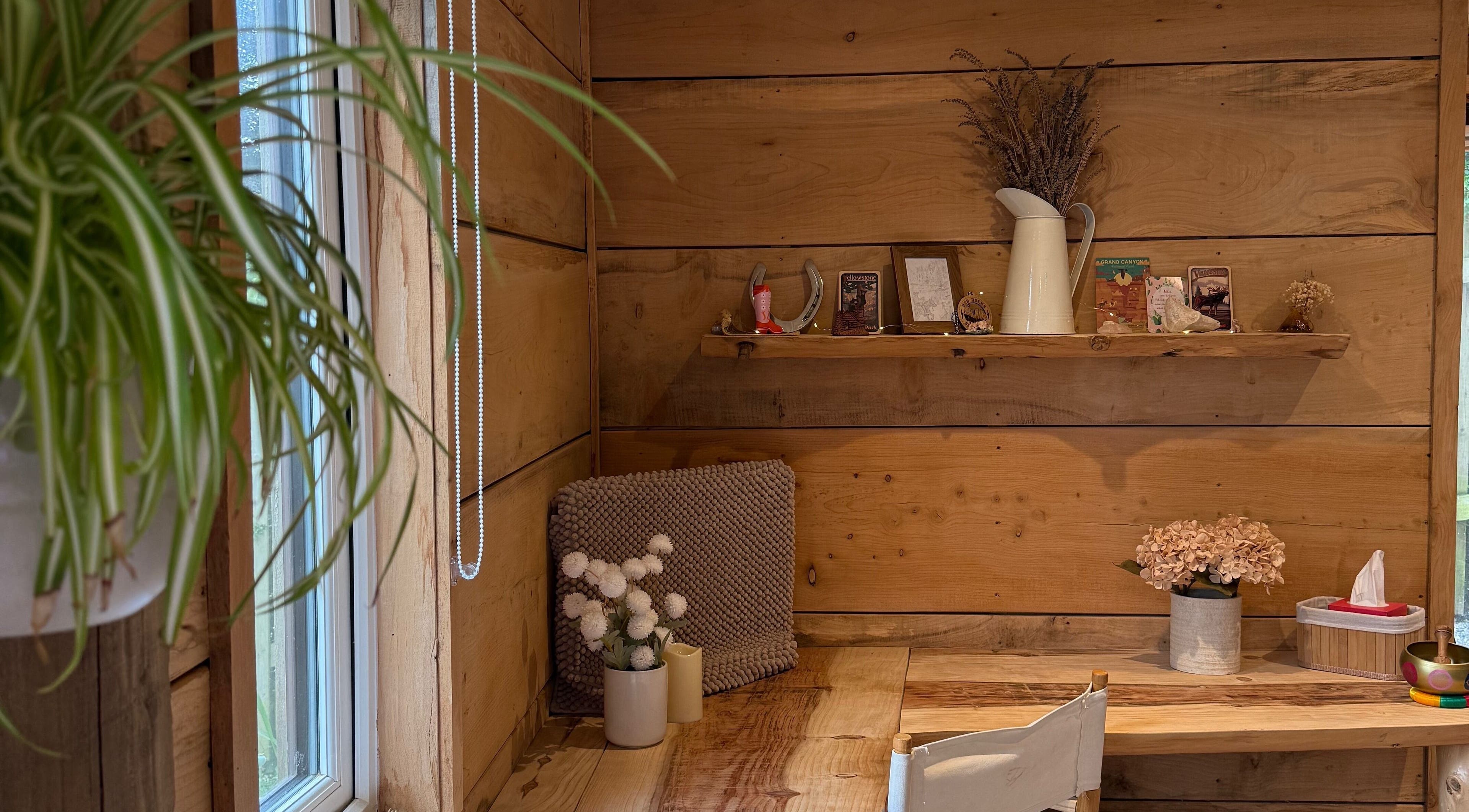 Rustic wooden nook with decor in Cedar Cabin Therapies, Holmfirth, England, GB, ideal for relaxation.