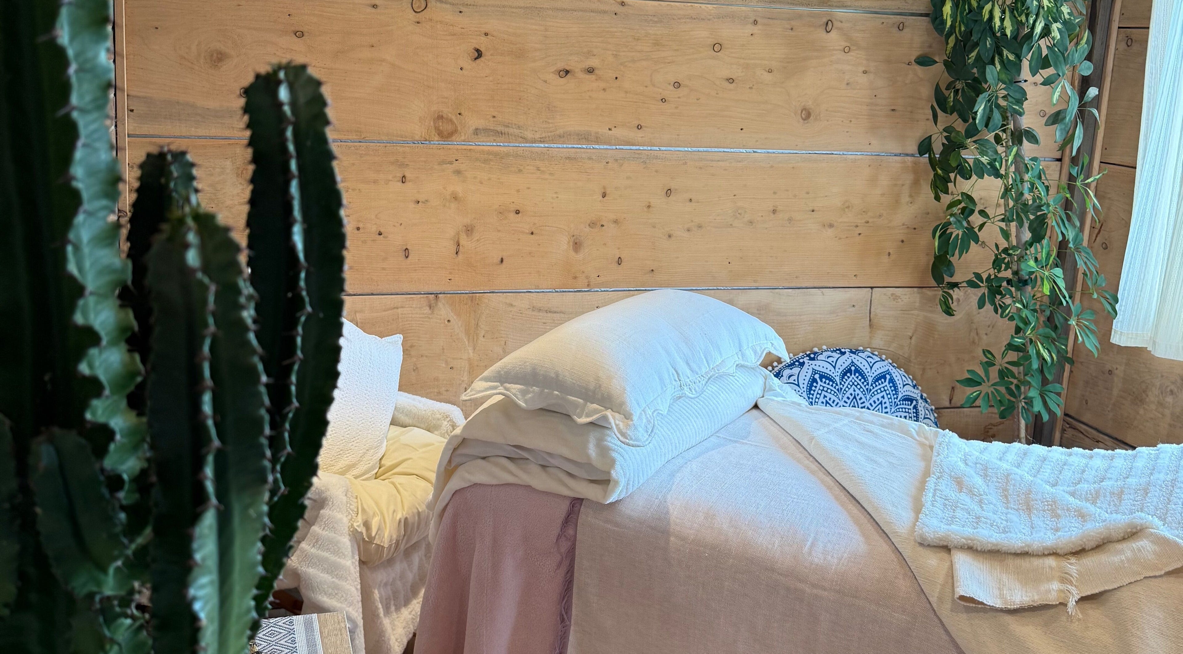 Peaceful massage room at Cedar Cabin Therapies, Holmfirth, England, GB, with cozy bed and lush plants.