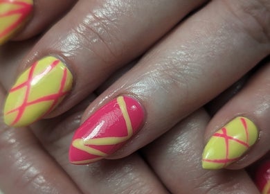 Bright geometric nail design at DC Beauty, Samantha Louise Beauty Studio, Coleraine, Northern Ireland, GB.