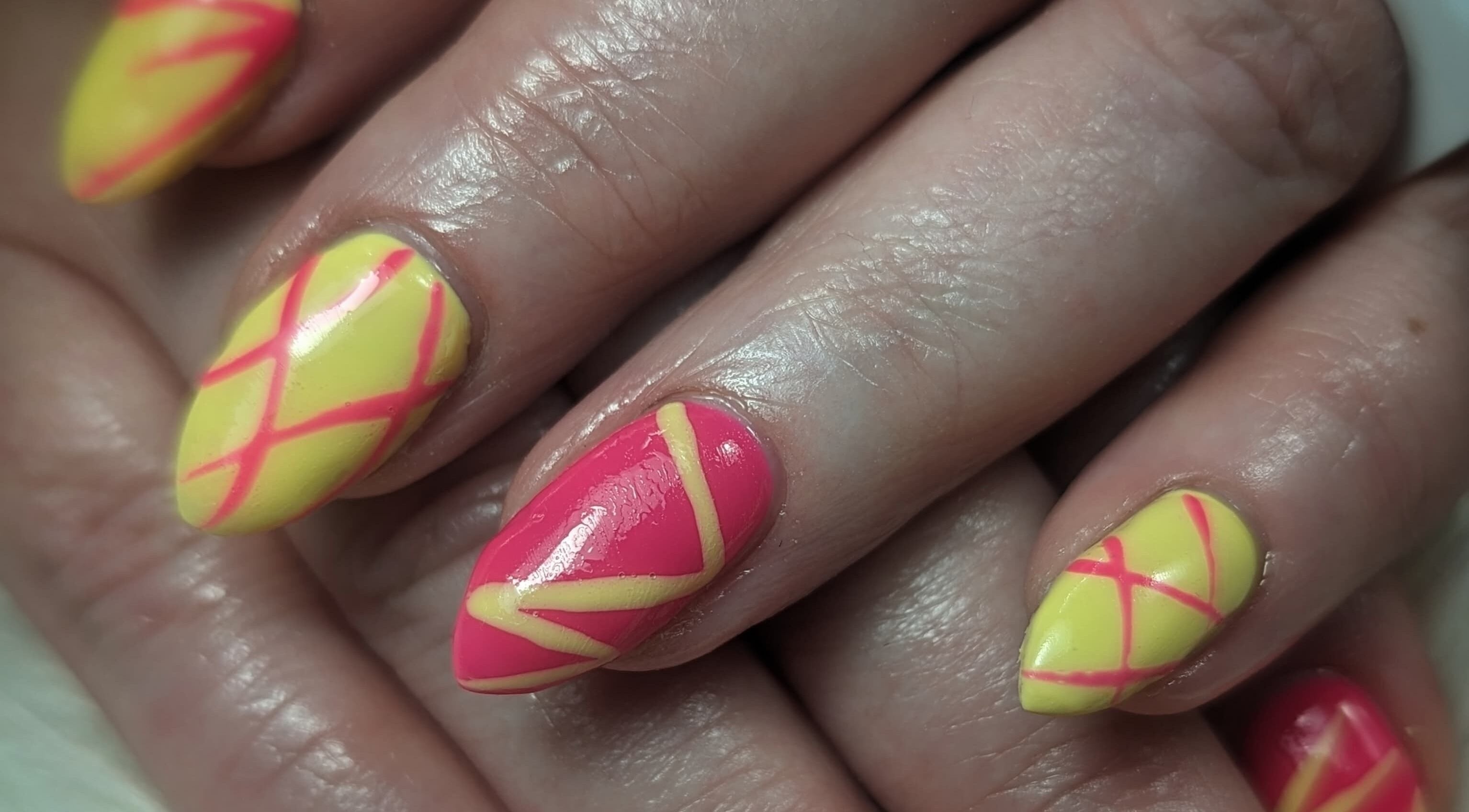 Bright geometric nail design at DC Beauty, Samantha Louise Beauty Studio, Coleraine, Northern Ireland, GB.