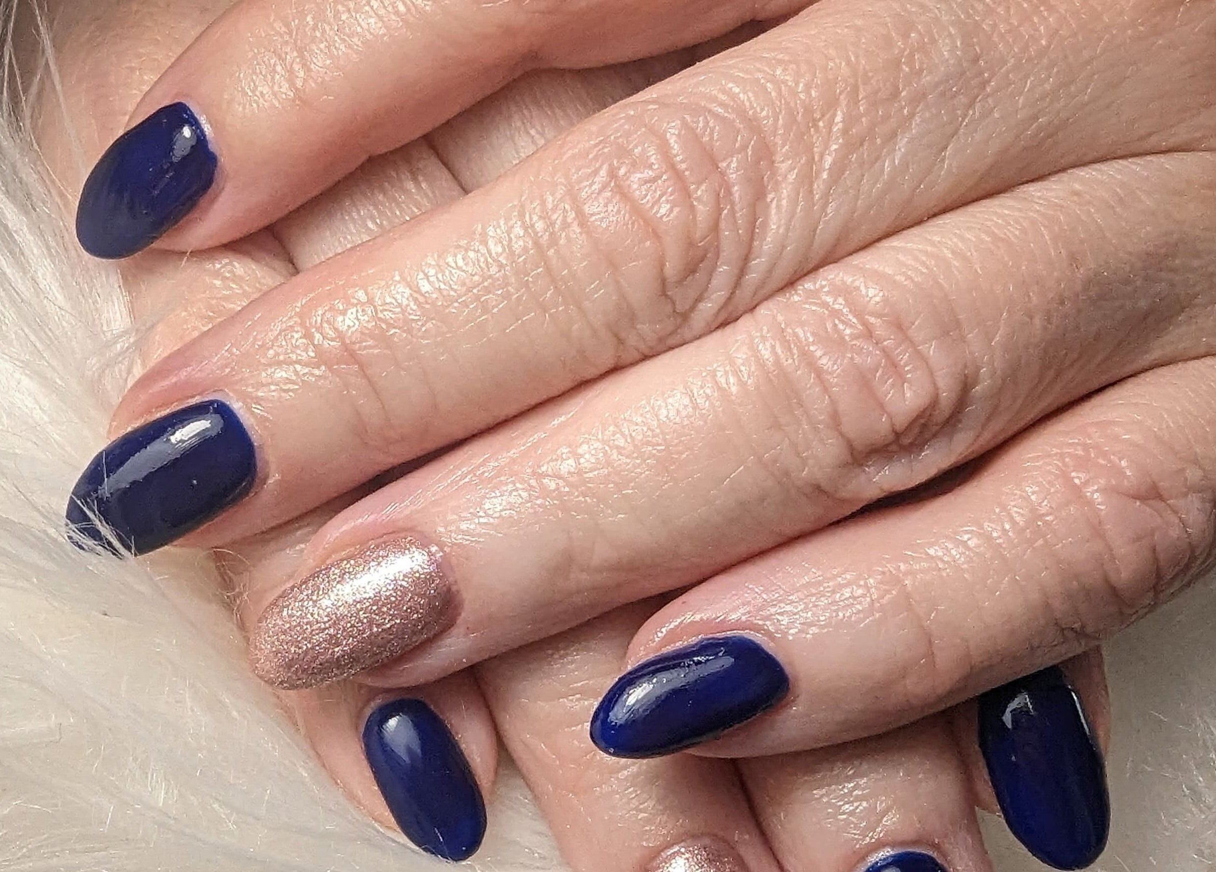 Elegant blue and gold nails at DC Beauty, Samantha Louise Beauty Studio, Coleraine, Northern Ireland, GB.