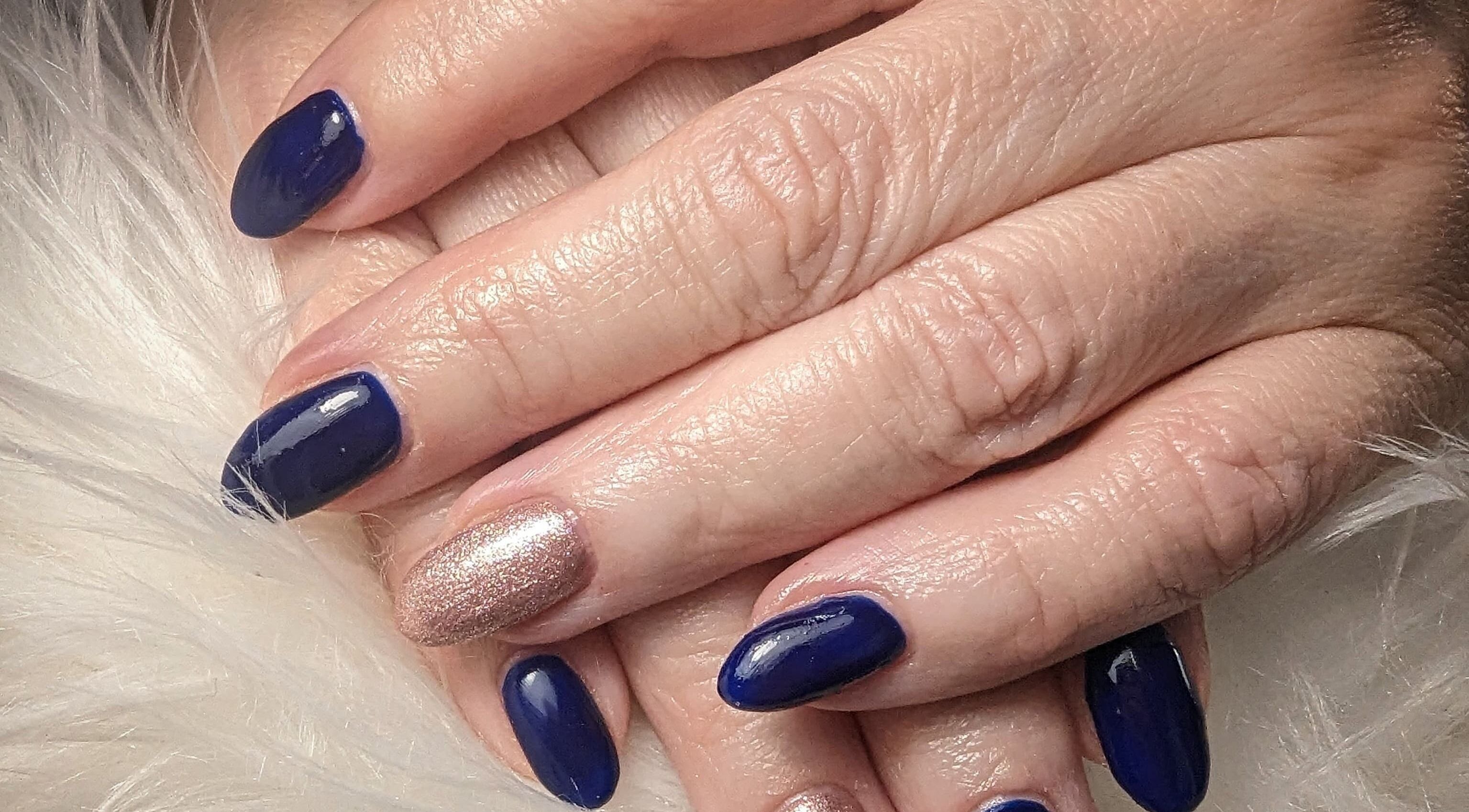 Elegant blue and gold nails at DC Beauty, Samantha Louise Beauty Studio, Coleraine, Northern Ireland, GB.