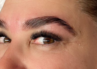 Close-up of enhanced lashes and brows at Glamour Goddess Lashes, Bonogin, Queensland, AU.