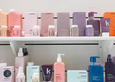 Shelf of vibrant hair products at Sarah Freeman Hair-Grey Blending Specialist, Polegate, England, GB.