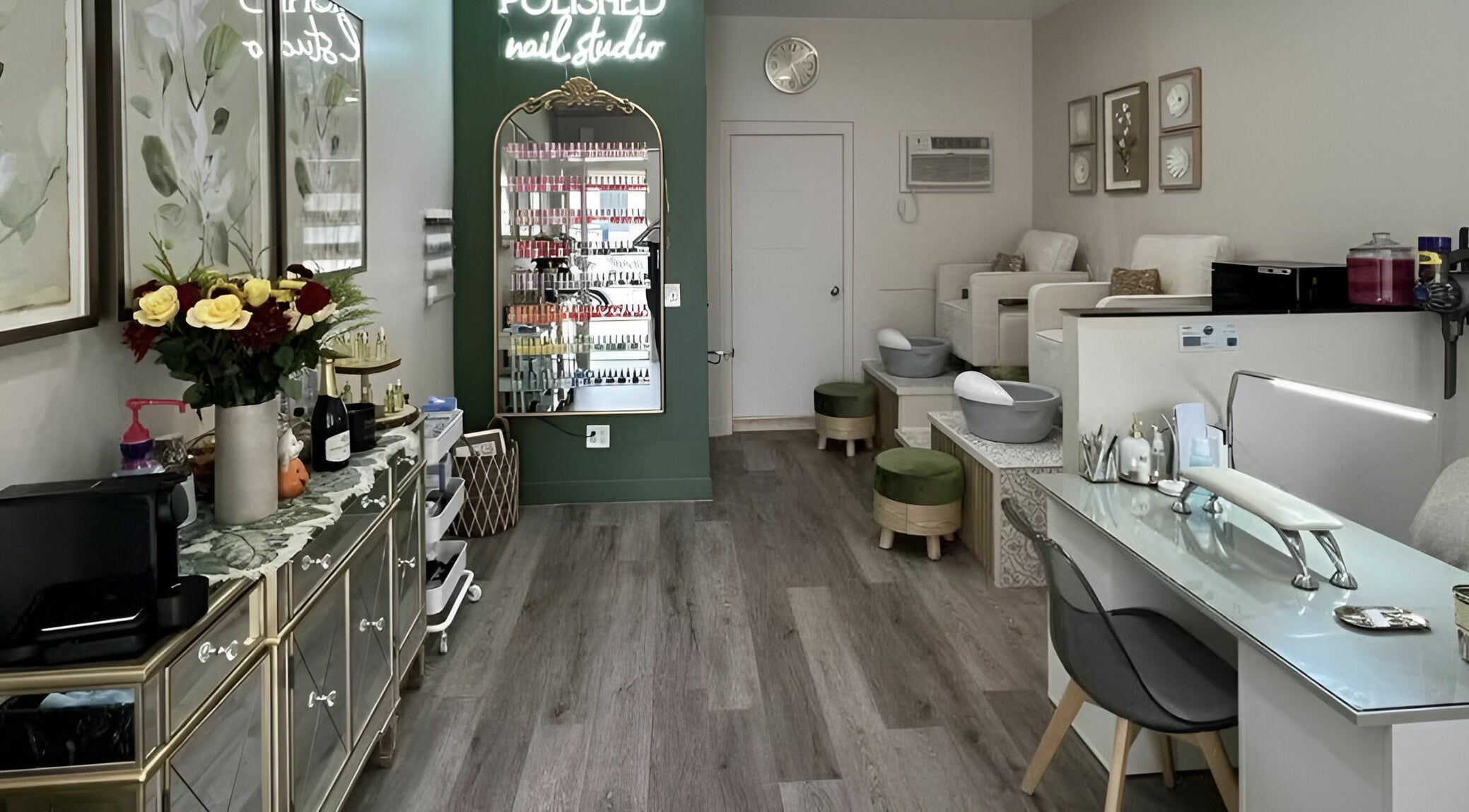 Chic interior of Polished Nail Studio, Pasadena, California, US, showcasing elegant nail care setup.