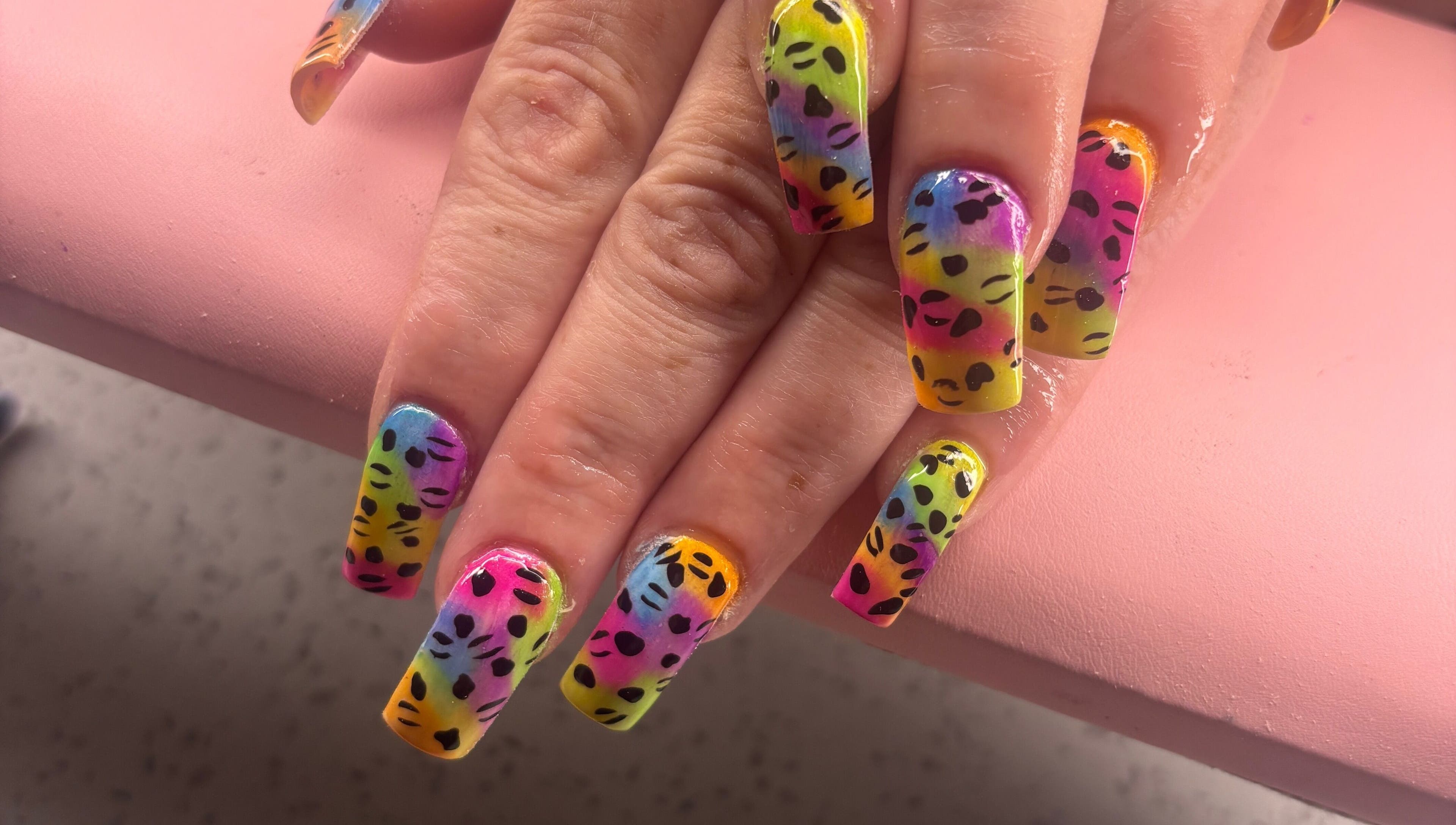 Colorful leopard print nails at K's NAIL BAR, Hamilton, Ontario, CA.