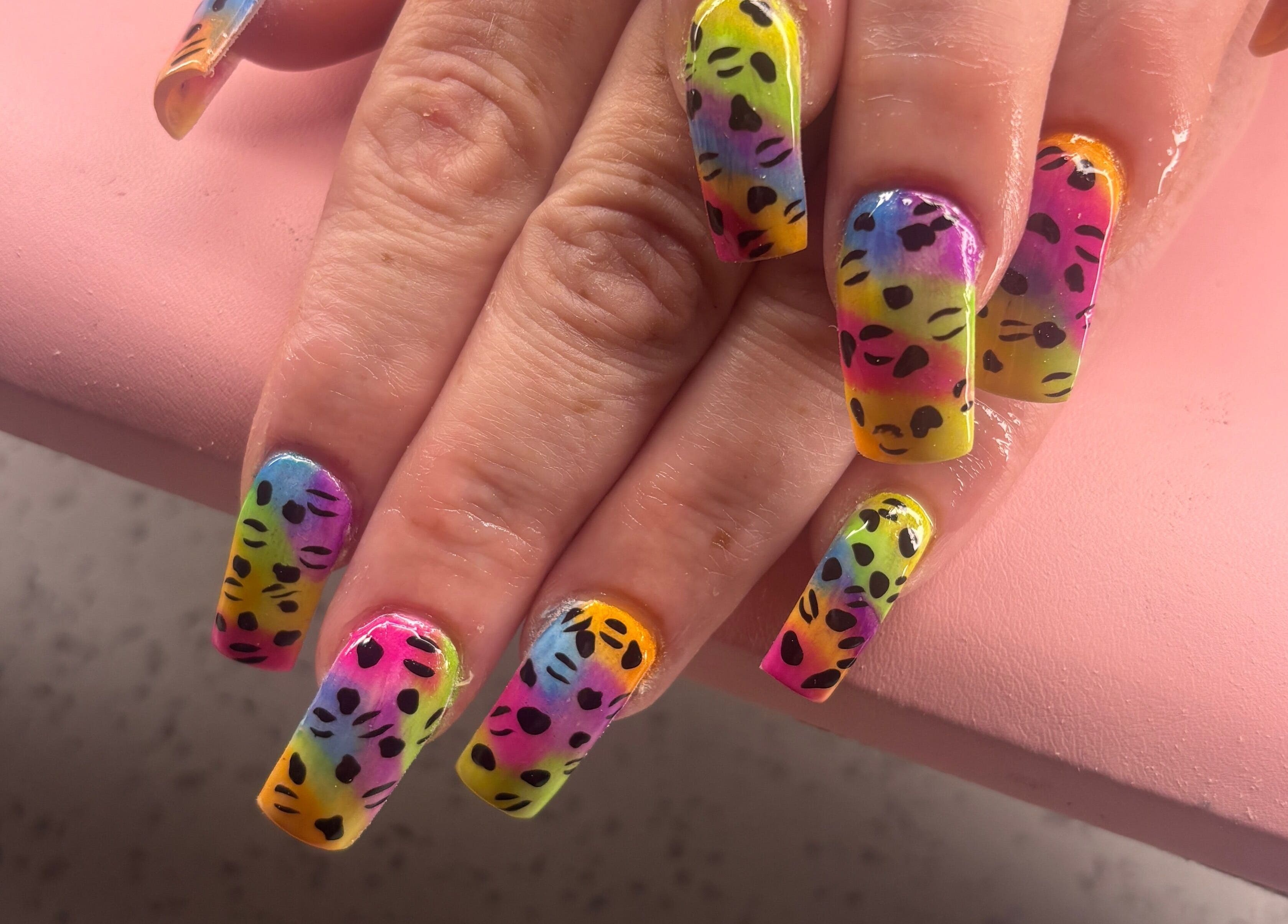 Colorful leopard print nails at K's NAIL BAR, Hamilton, Ontario, CA.