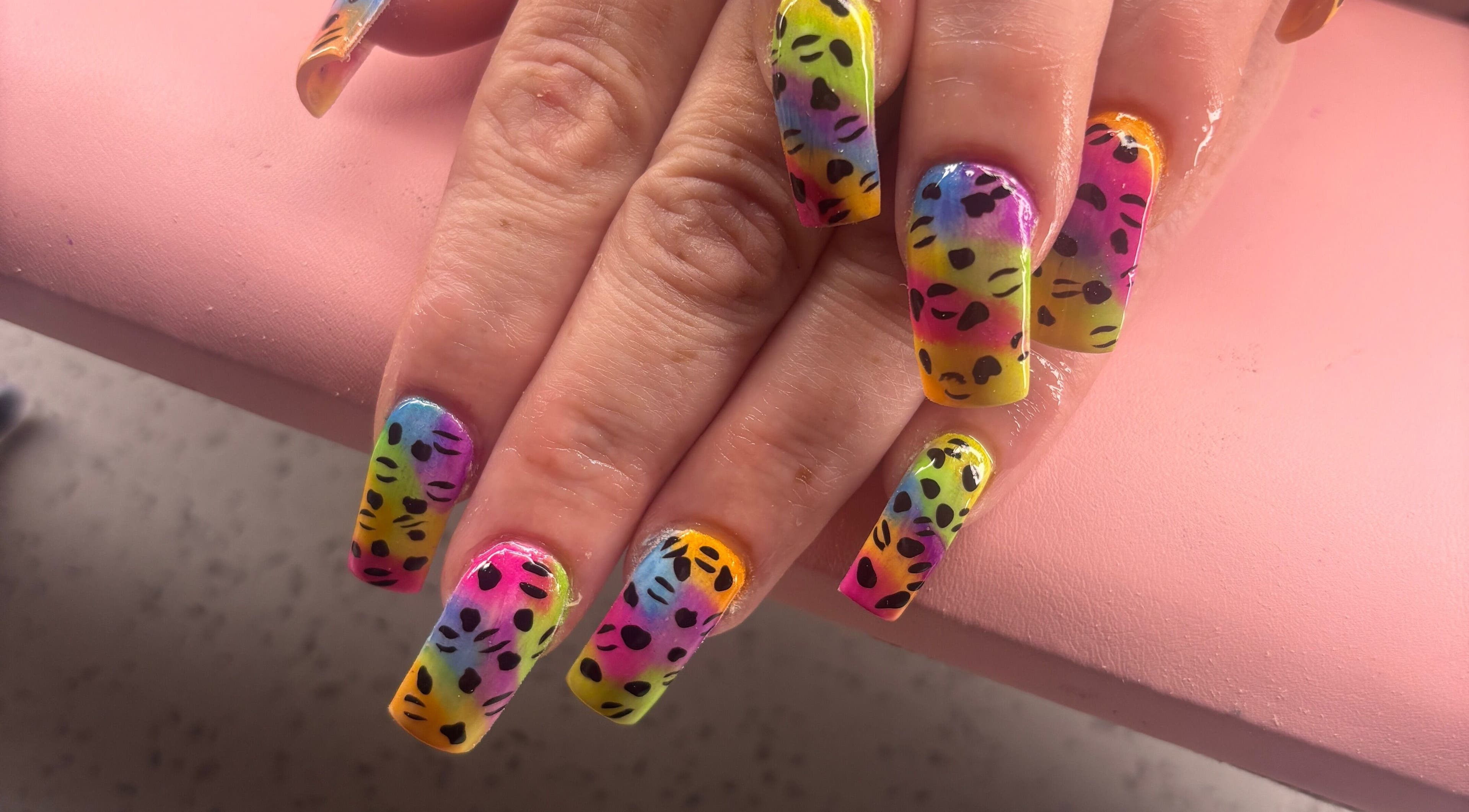 Colorful leopard print nails at K's NAIL BAR, Hamilton, Ontario, CA.