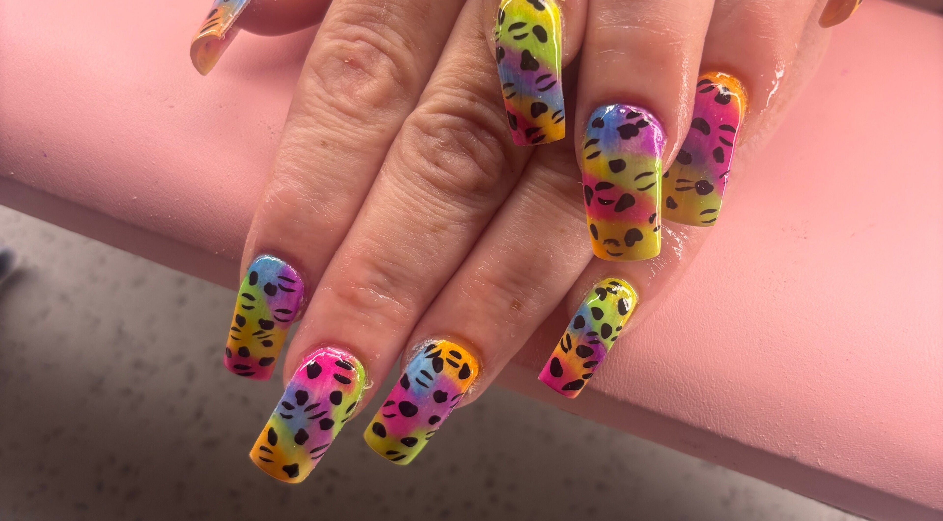 Colorful leopard print nails at K's NAIL BAR, Hamilton, Ontario, CA.