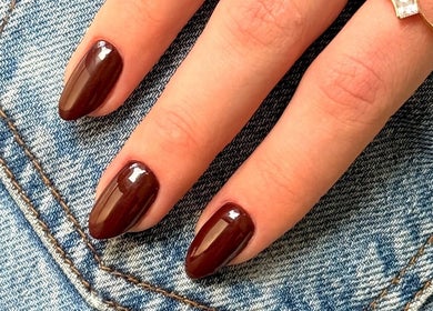 Elegant auburn manicure at GELuxe Nail Studio in Dapto, New South Wales, AU.