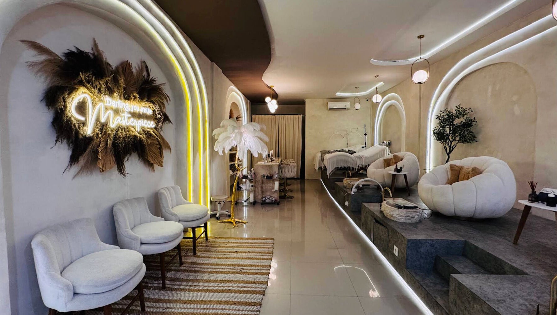 Boho Bliss, Bali, Bali, ID: Elegant wellness space with plush seating, ambient lighting, and calming decor.