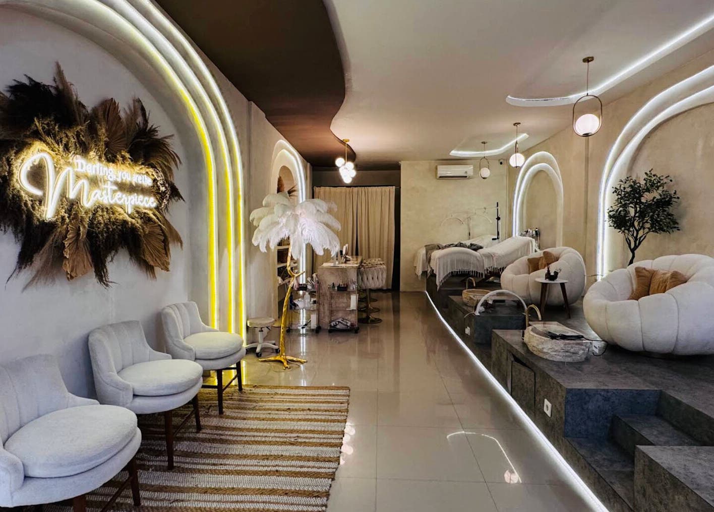 Boho Bliss, Bali, Bali, ID: Elegant wellness space with plush seating, ambient lighting, and calming decor.