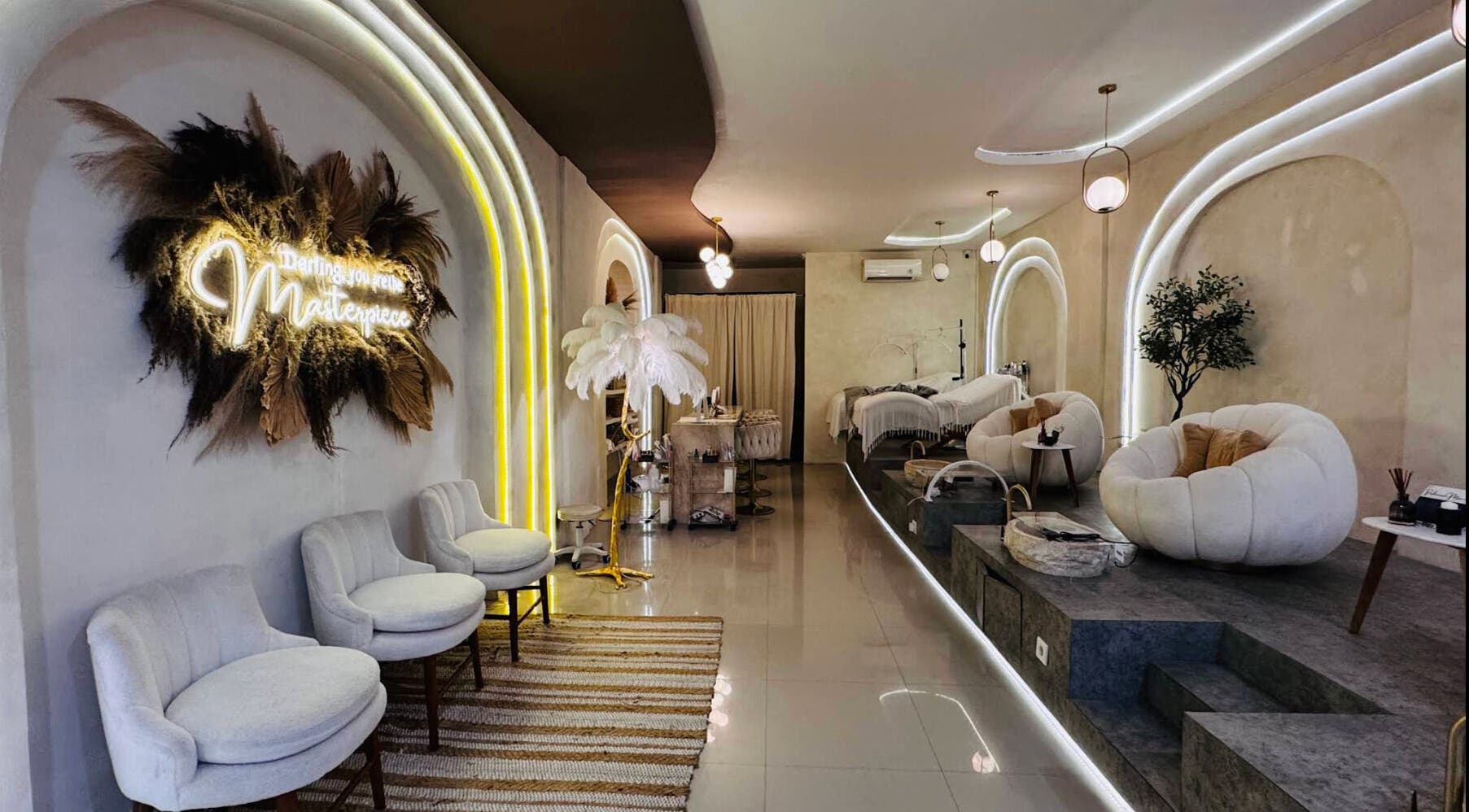 Boho Bliss, Bali, Bali, ID: Elegant wellness space with plush seating, ambient lighting, and calming decor.