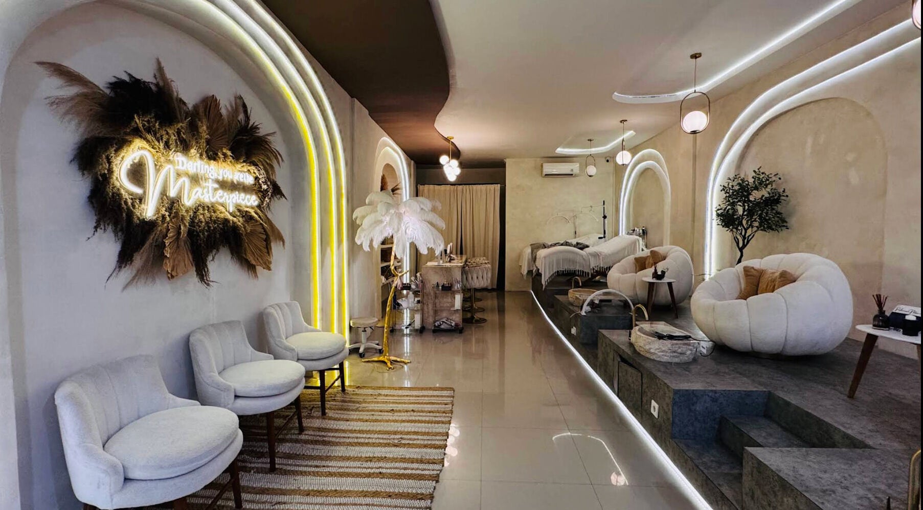 Boho Bliss, Bali, Bali, ID: Elegant wellness space with plush seating, ambient lighting, and calming decor.