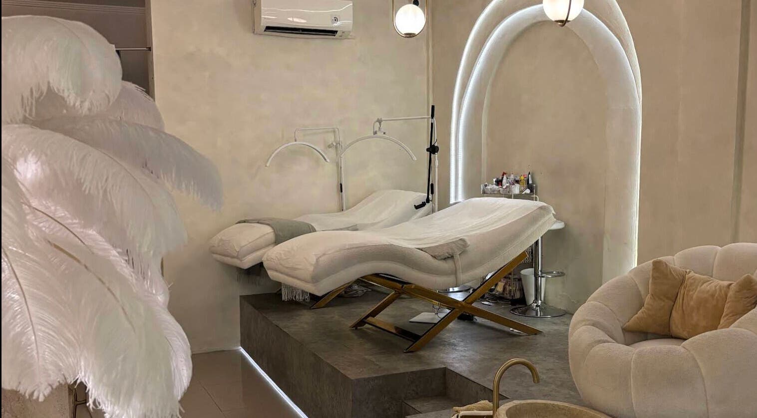 Relaxing treatment area at Boho Bliss, Bali, Bali, ID with cozy reclining chairs and elegant decor.