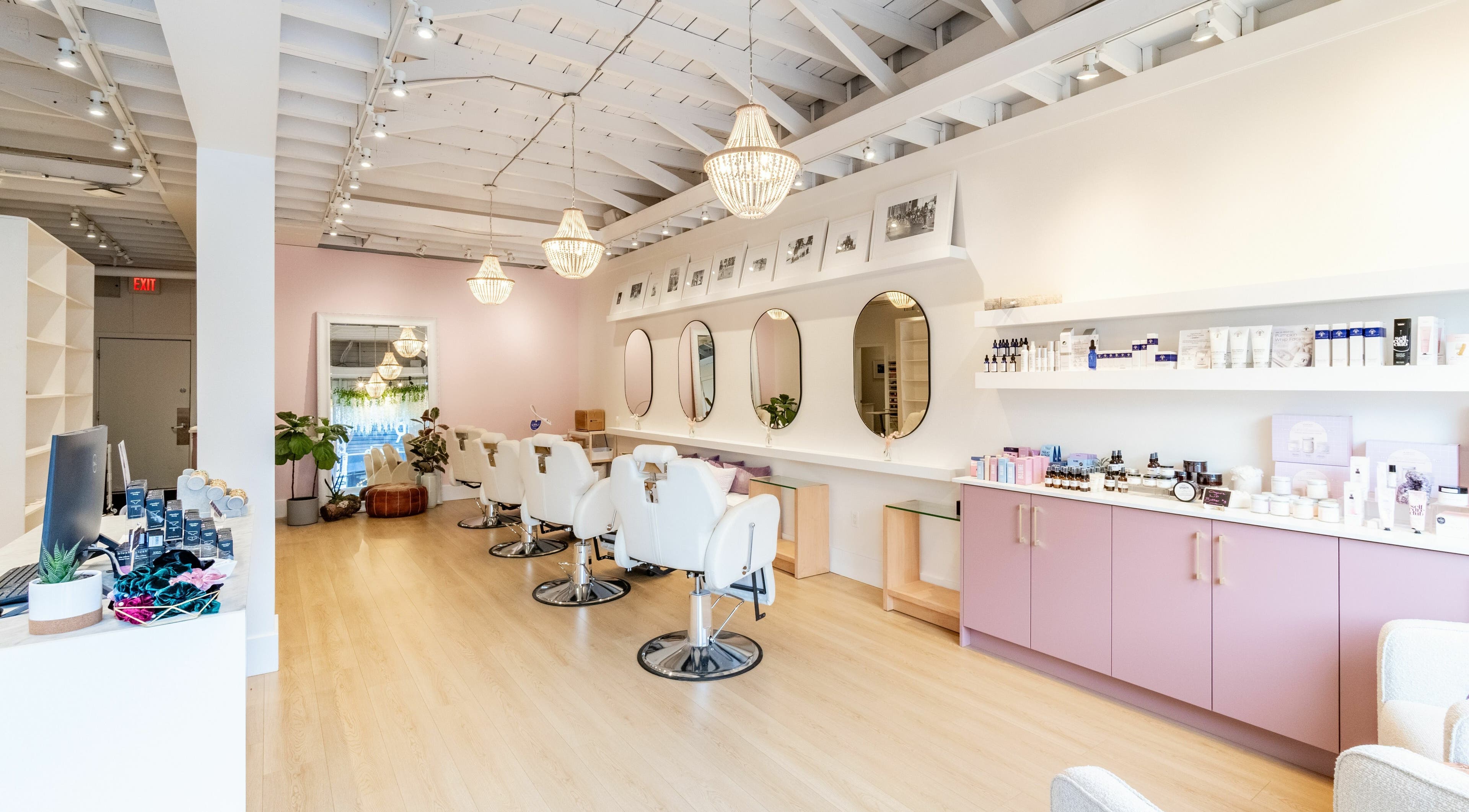Interior of Dewy Skin Bar in Vancouver, British Columbia, CA showcasing chic decor and beauty products.