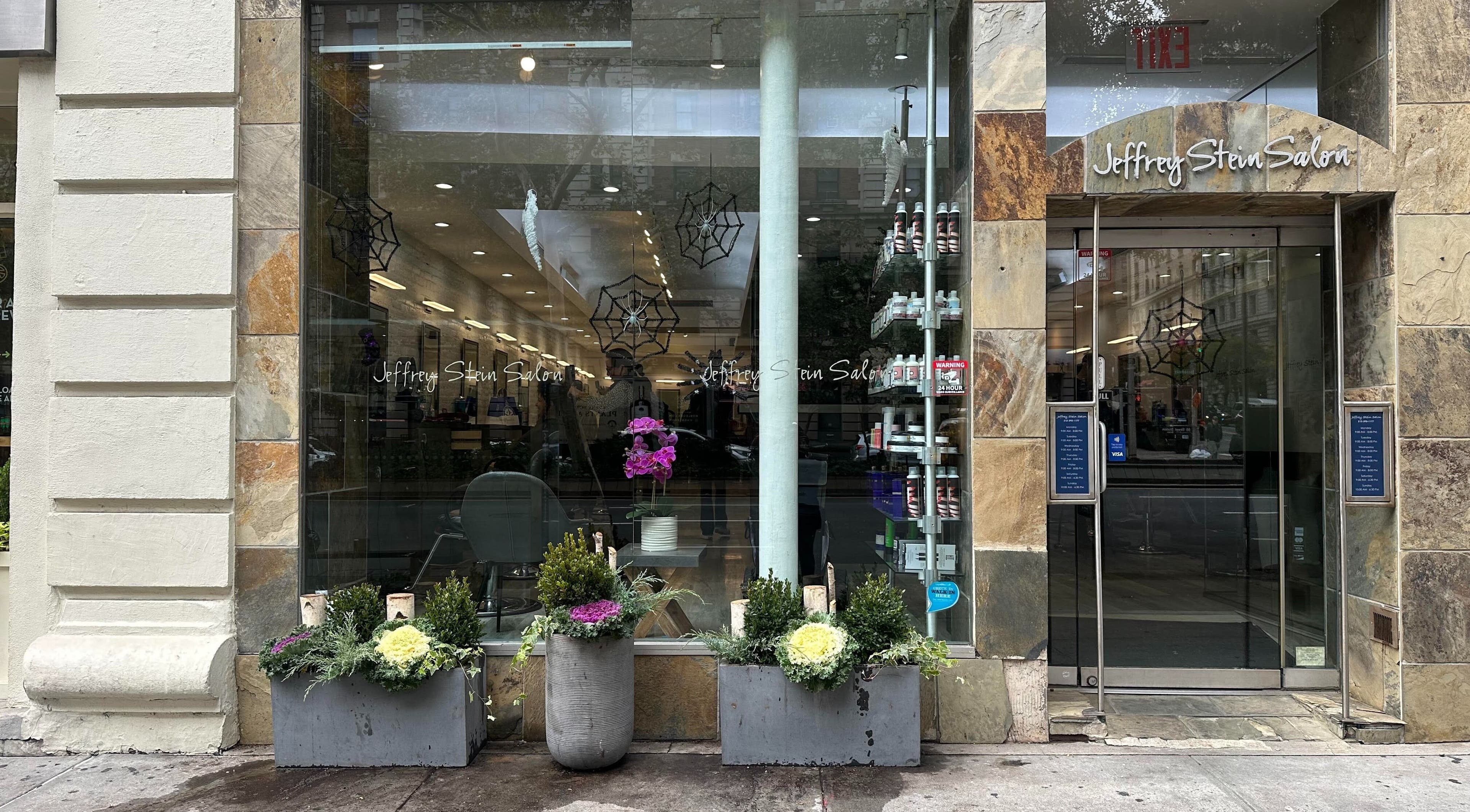 Chic exterior of Jeffrey Stein Salon in New York, New York, US with inviting glass windows and stylish decor.