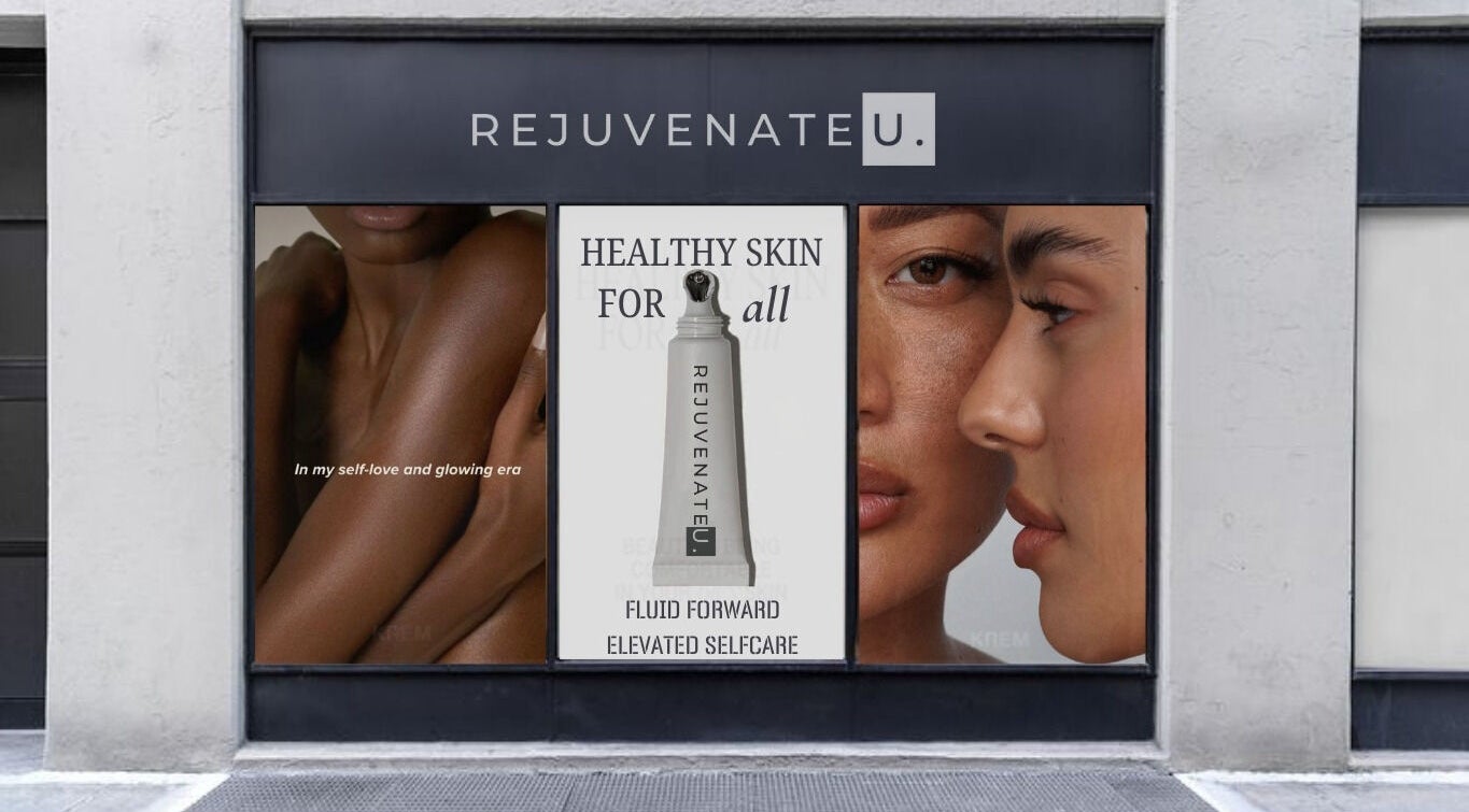 Rejuvenate U storefront in London, Ontario, CA displaying skin care products and diverse beauty images.