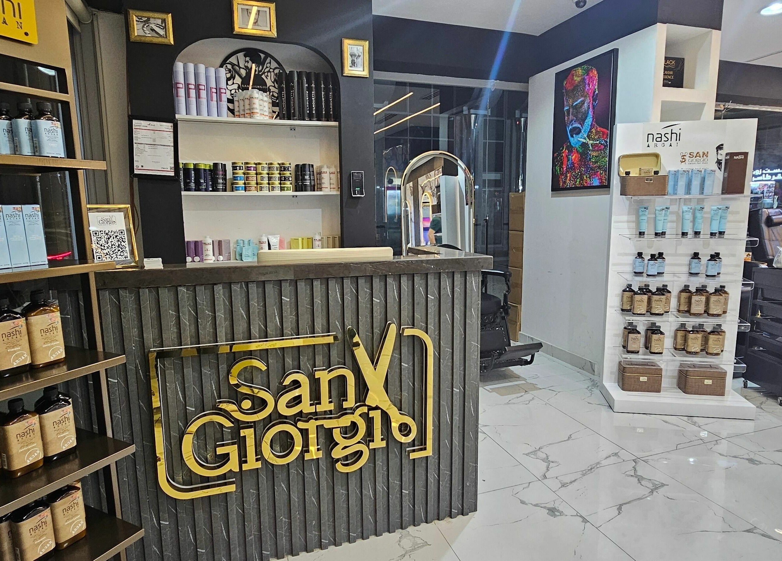 San Giorgio Gents Salon reception area in أبو ظبي, أبو ظبي, AE showcasing stylish product displays.