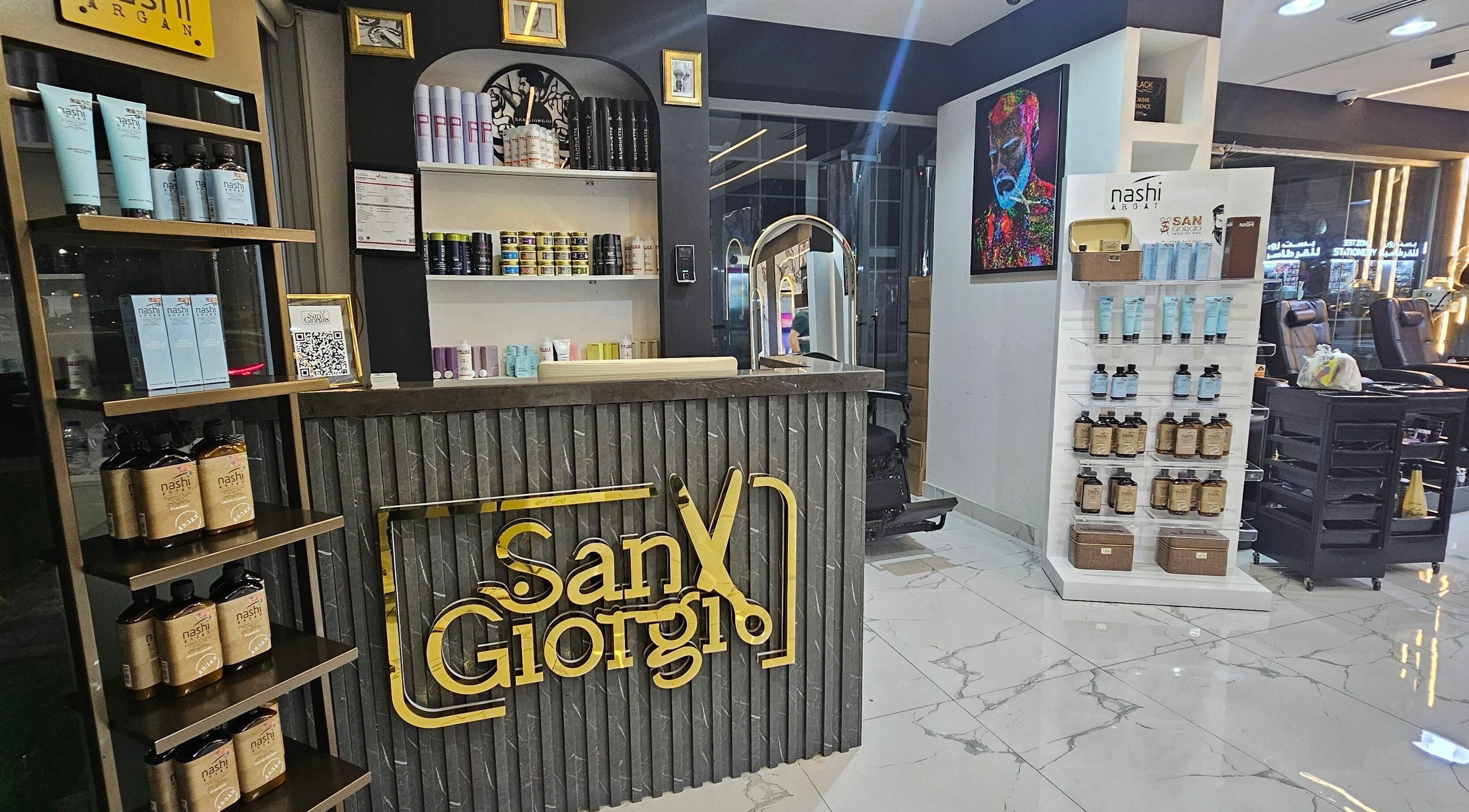 San Giorgio Gents Salon reception area in أبو ظبي, أبو ظبي, AE showcasing stylish product displays.