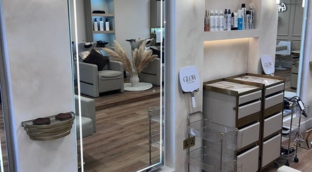 Interior of Beauty by Harriet - Glow Hair Salon, Crownhill, England, GB with modern decor and hair products.