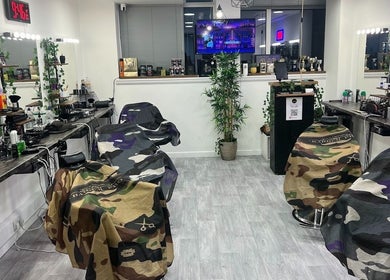 Interior of 346 Barbershop - Oxford Road - Manchester City Centre, featuring stylish barber chairs in Manchester, England, GB.